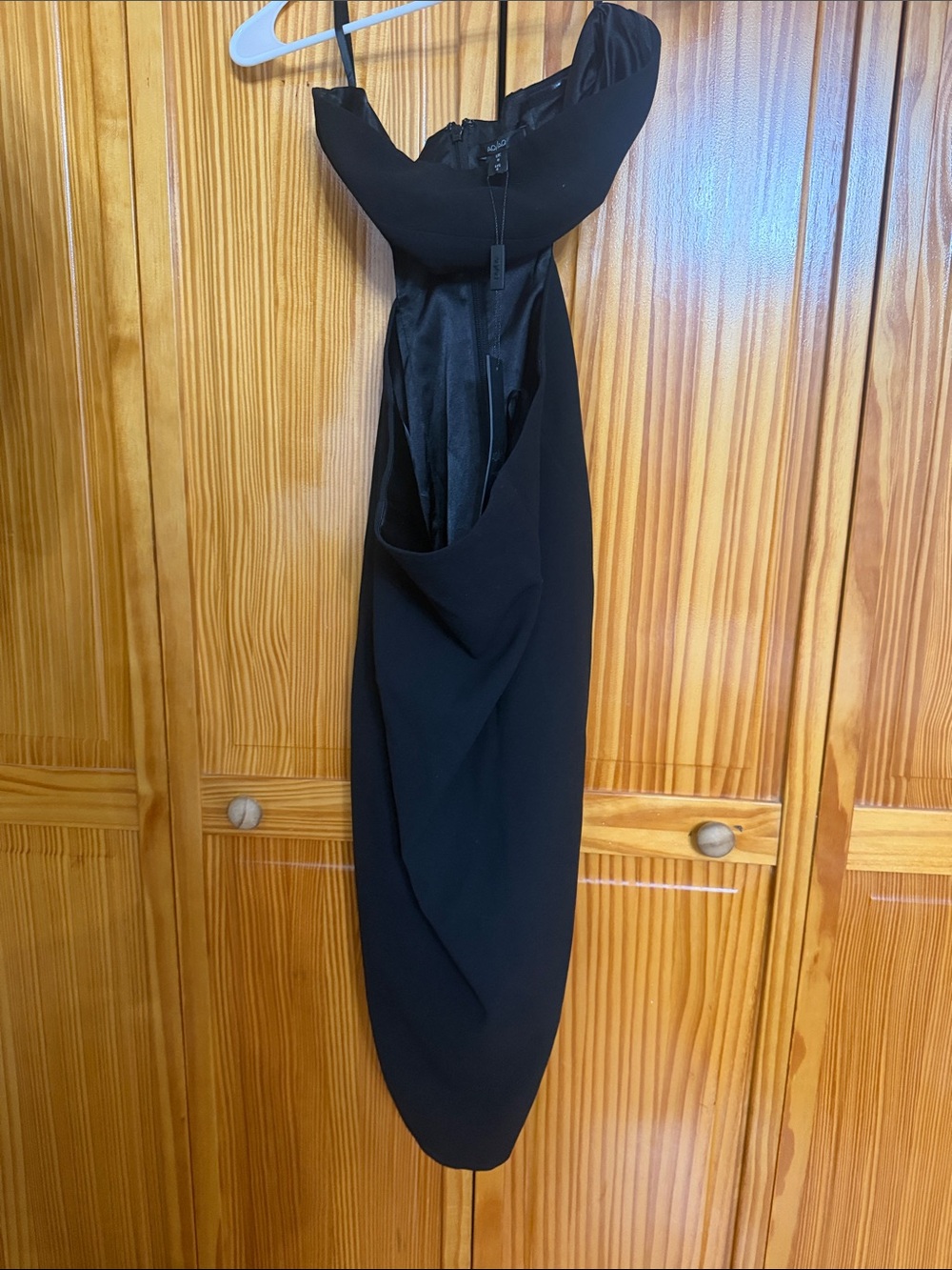 AQ/AQ Black Strapless Draped Midi Dress